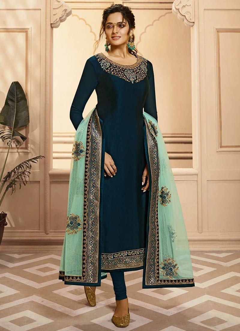 Teal Blue Embroidered Churidar Suit After Six Wear