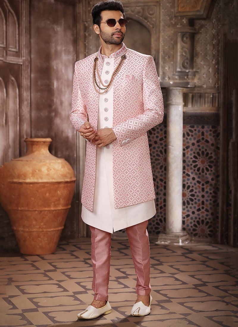 Pink Art Silk Computer Thread Work Indowestern Sherwani Wedding Wear