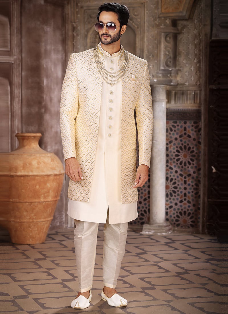 Cream Art Silk Computer Thread Work Indowestern Sherwani Wedding Wear