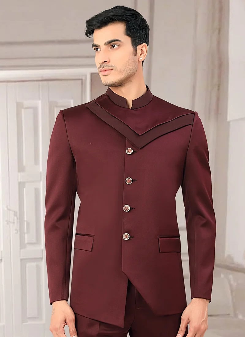 Maroon Terry Rayon Satin Bandhgala Jacket