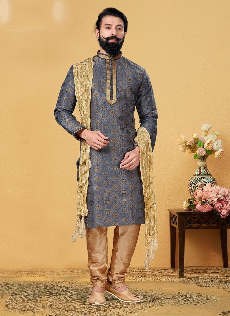 Blue Bell Jacquard Silk Kurta Pyjama