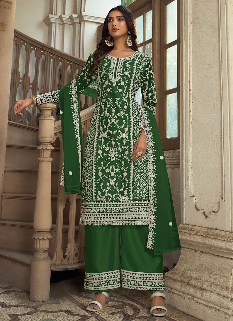 Green Net Embroidered Palazzo Suit Party Wear