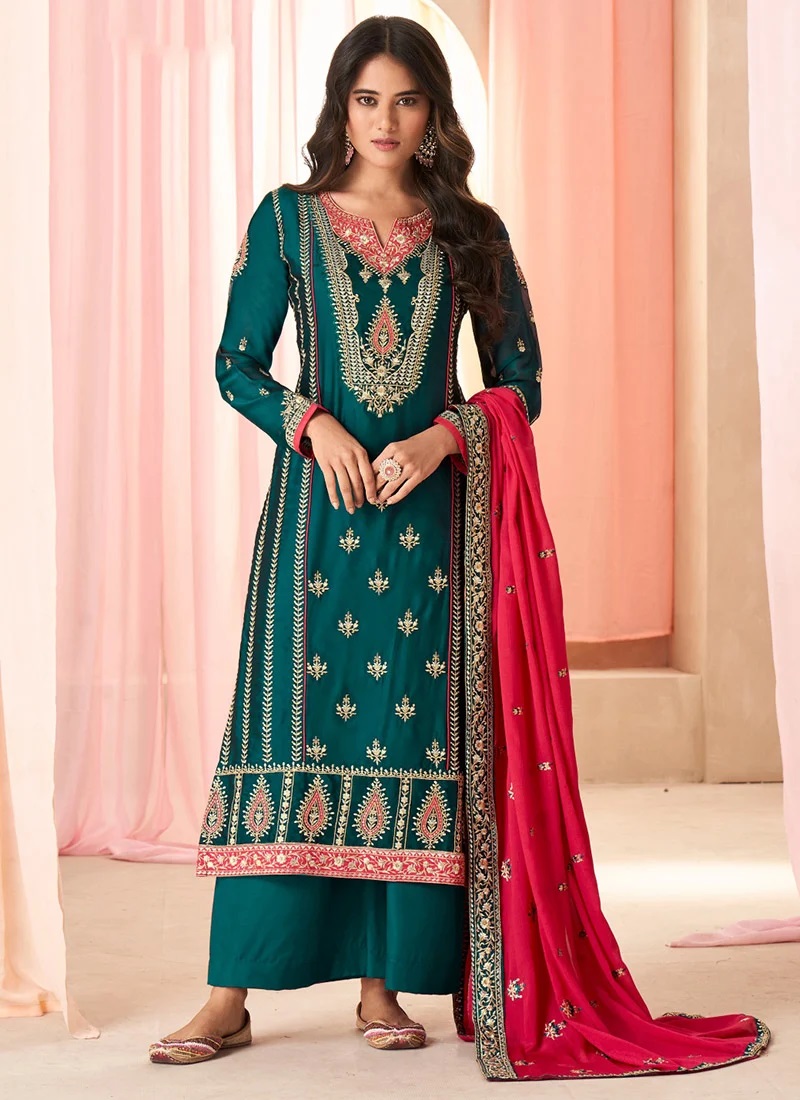 Elegantly Embroidered Sequins Art Silk Palazzo Suit Party Wear