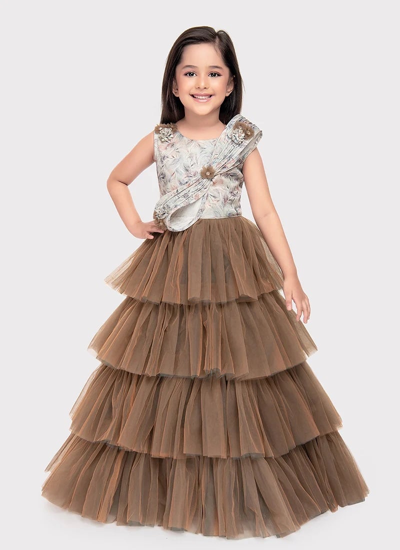 Brown Net Kids Girls Dresses And Gown Party Wear