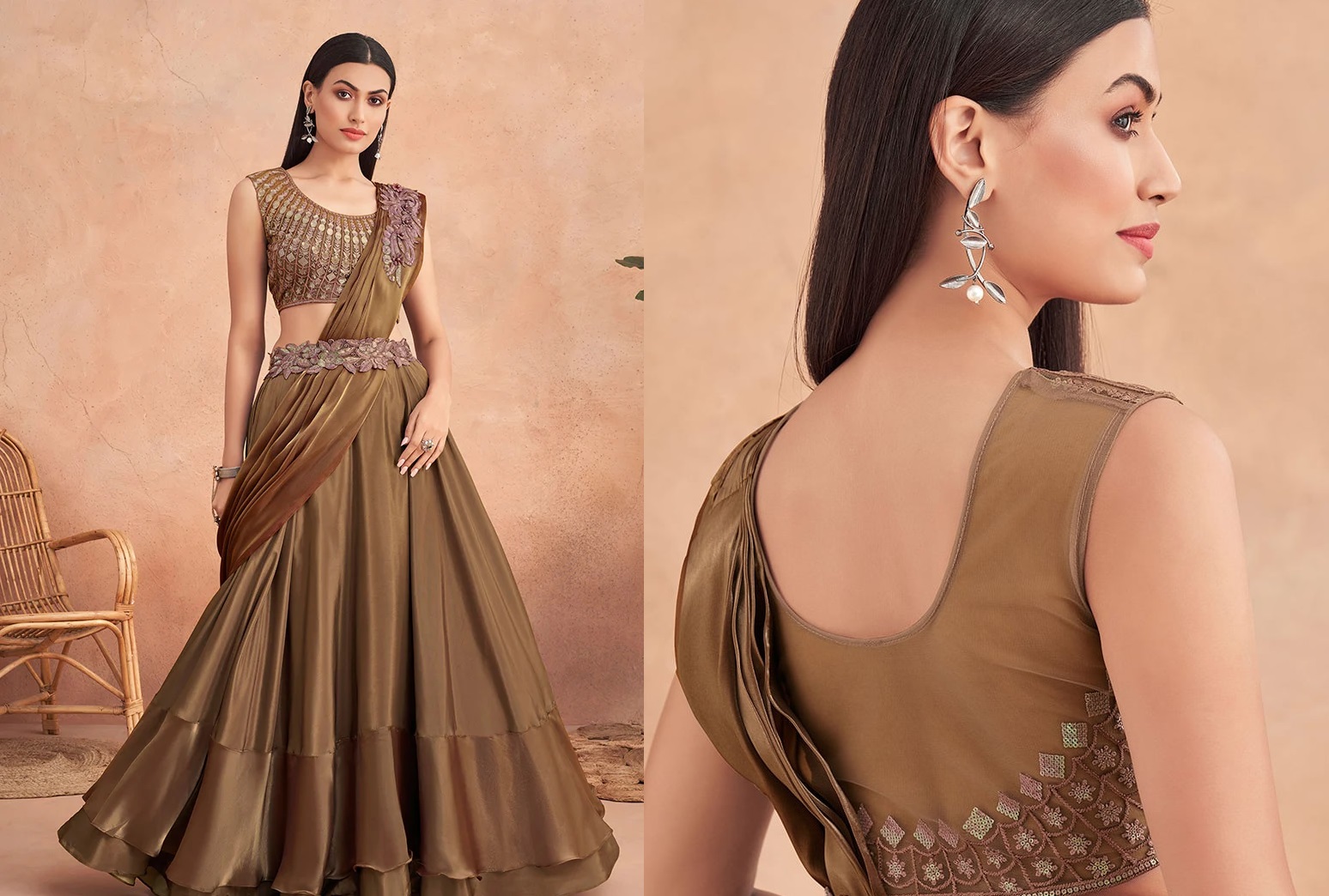 Product Code: SASKA36237310C Art Silk Ready Pleated Embroidery Brown Color Saree Wedding Wear