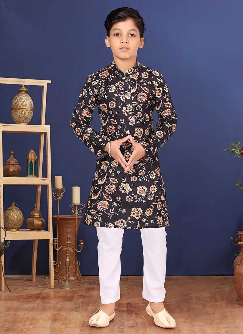 Black Cotton Printed Boys Kurta Pyjama