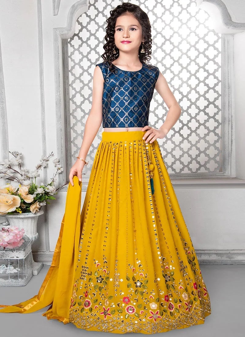 Yellow Georgette Embroidered Kids Umbrella Lehenga