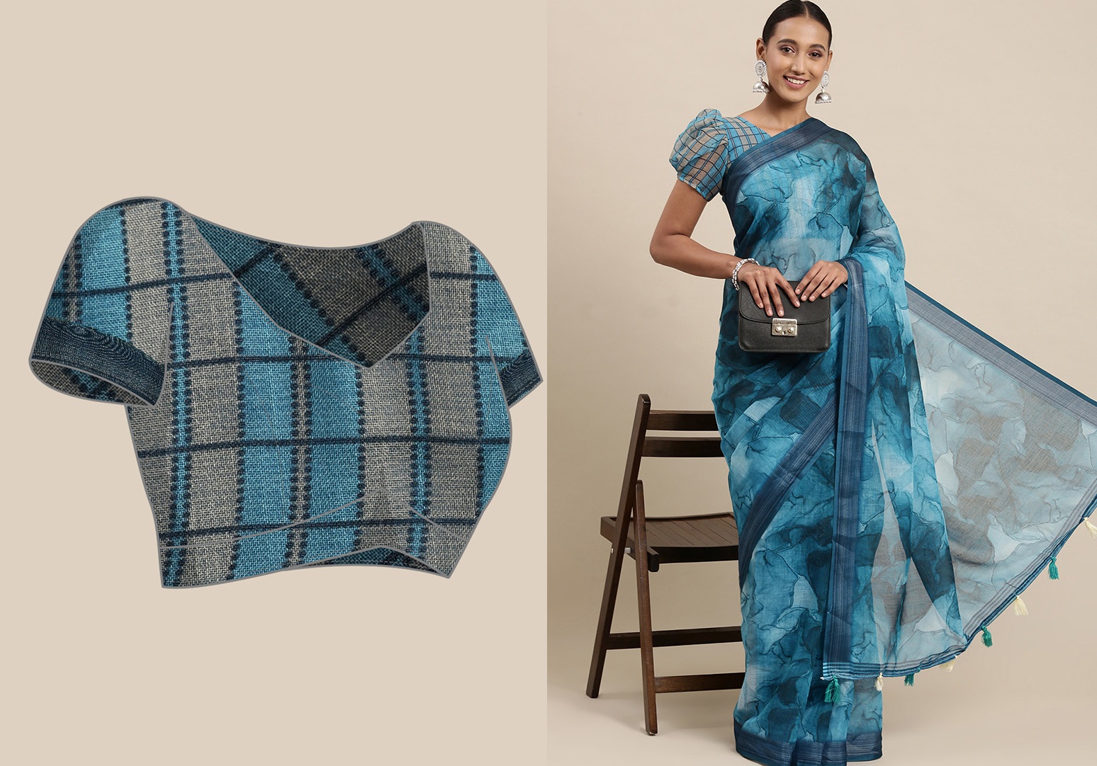 Product Code: SASVNT577 Blue Linen Digital Printed Work Saree Work Wear