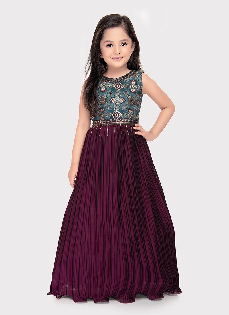 Wine Faux Georgette Embroidered Kids Girls Dresses And Gown Party Wear
