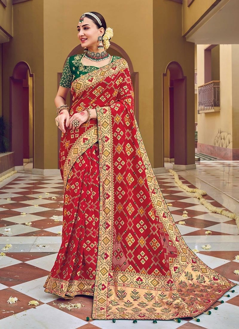 Red Georgette Embroidery Sequins Saree Wedding Wear
