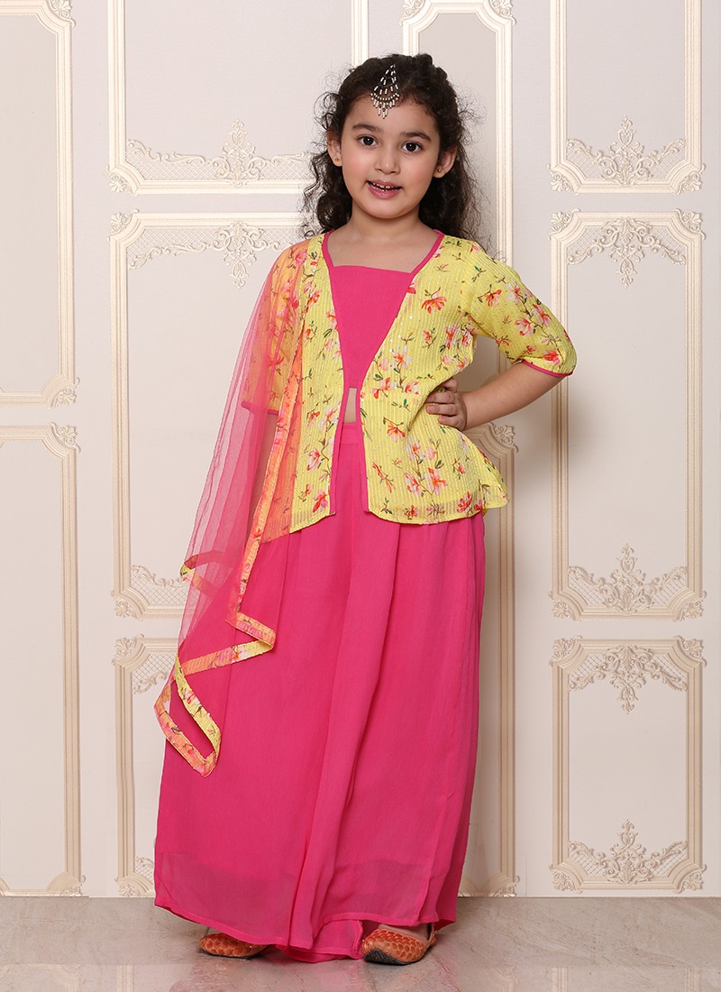 Kids Girls Pink Georgette Printed Skirt N Crop Top Set