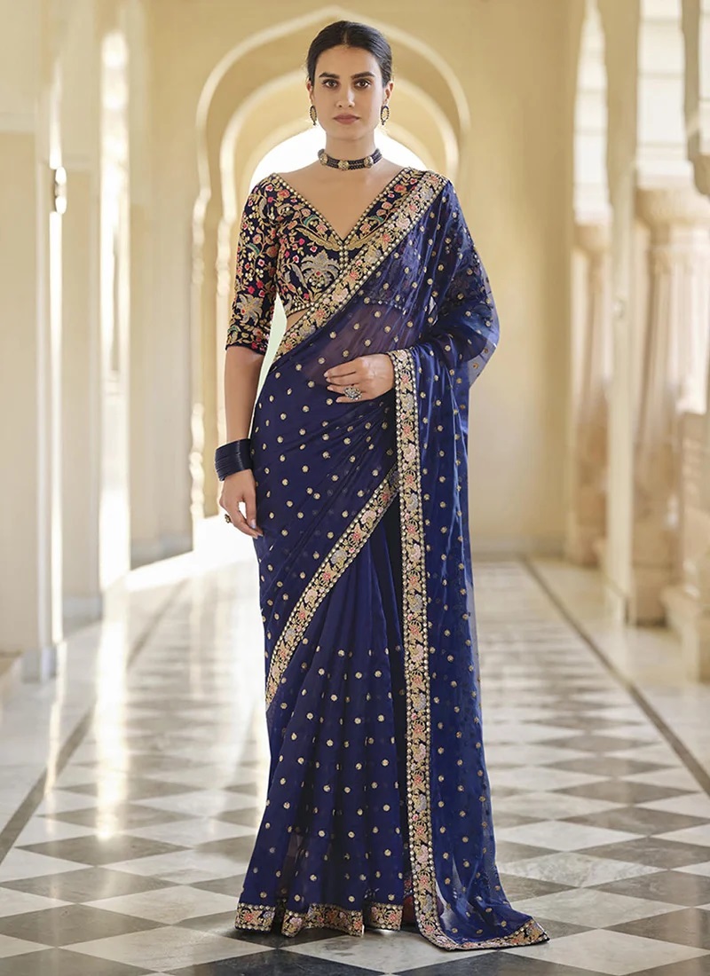 Golden Thread Work Sequins Blue Art Silk Saree Party Wear