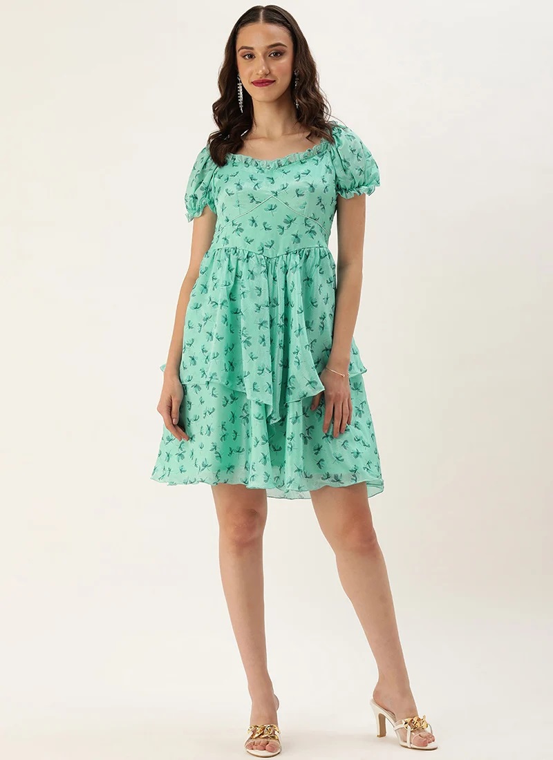 Teen Girls Mint Blue Chinon Digital Printed Dress After Six Wear