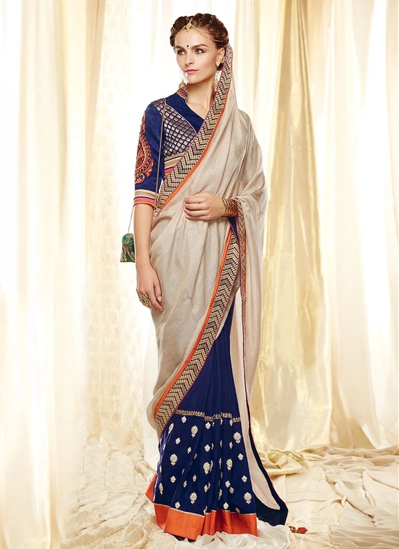 Blue N Beige Half N Half Saree Wedding Wear