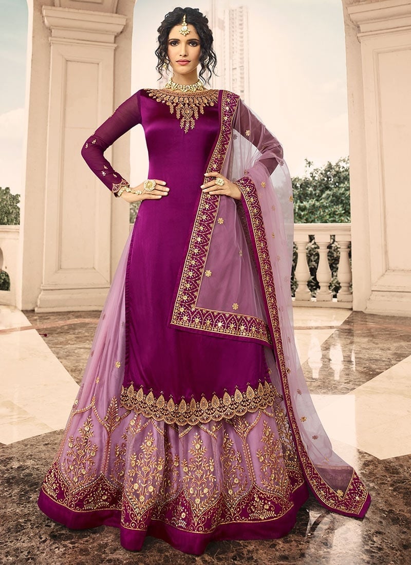 Purple Embroidered Long Choli Lehenga Party Wear