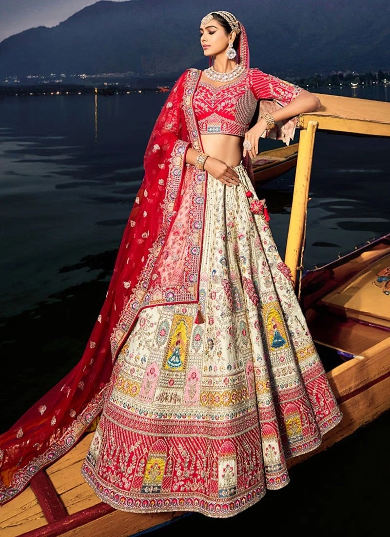 Stunning Sequins Zari Thread Work Silk Umbrella Lehenga Wedding Wear