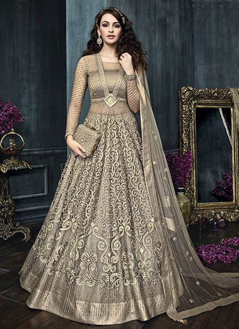 Beige Net A Line Lehenga Wedding Wear
