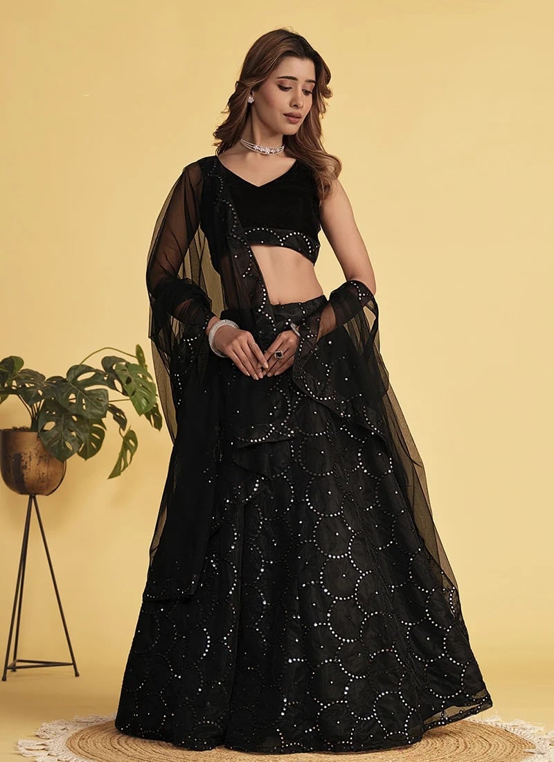 Radiantly Embroidered Sequins Net Umbrella Lehenga Party Wear
