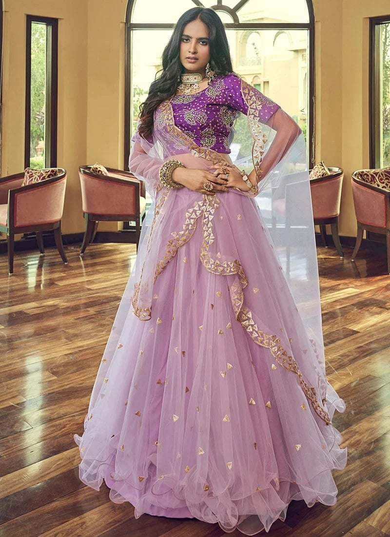Lavender Heavy Nylon Net Sequins Embroidered Umbrella Lehenga Party Wear