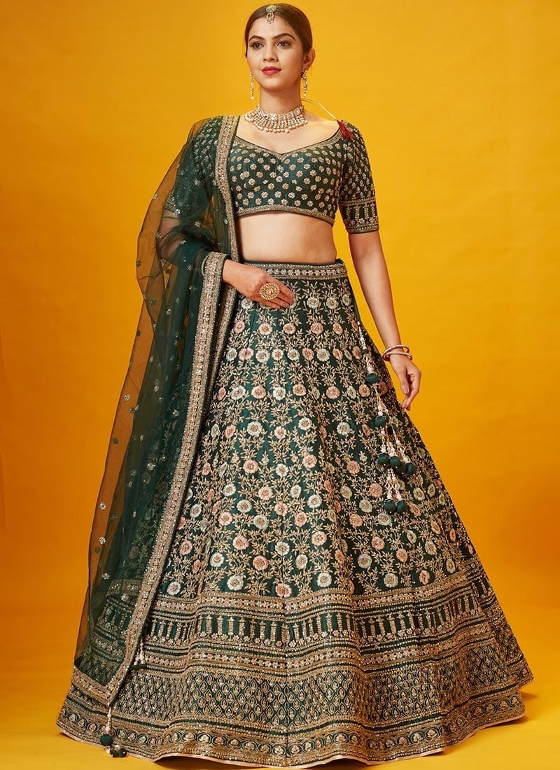 Green Color Pure Silk Embroidered and Zari work Umbrella Lehenga Wedding Wear