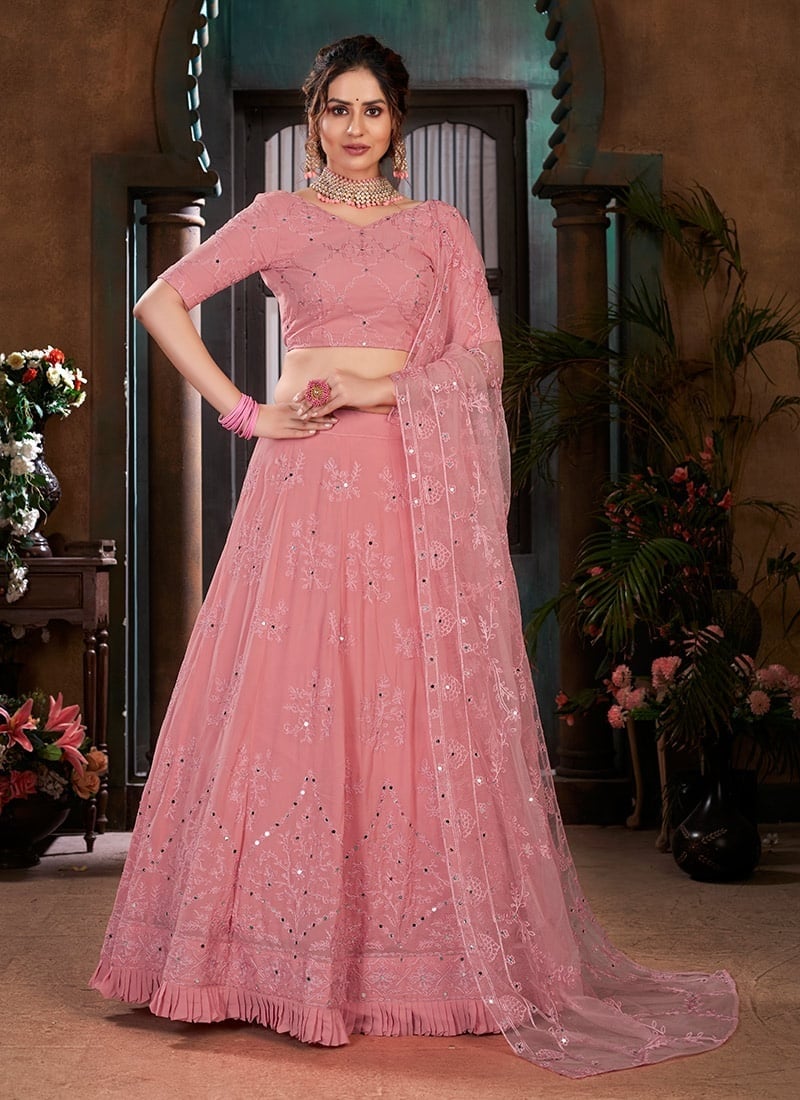 Peach Georgette Thread Embroidery Umbrella Lehenga Party Wear