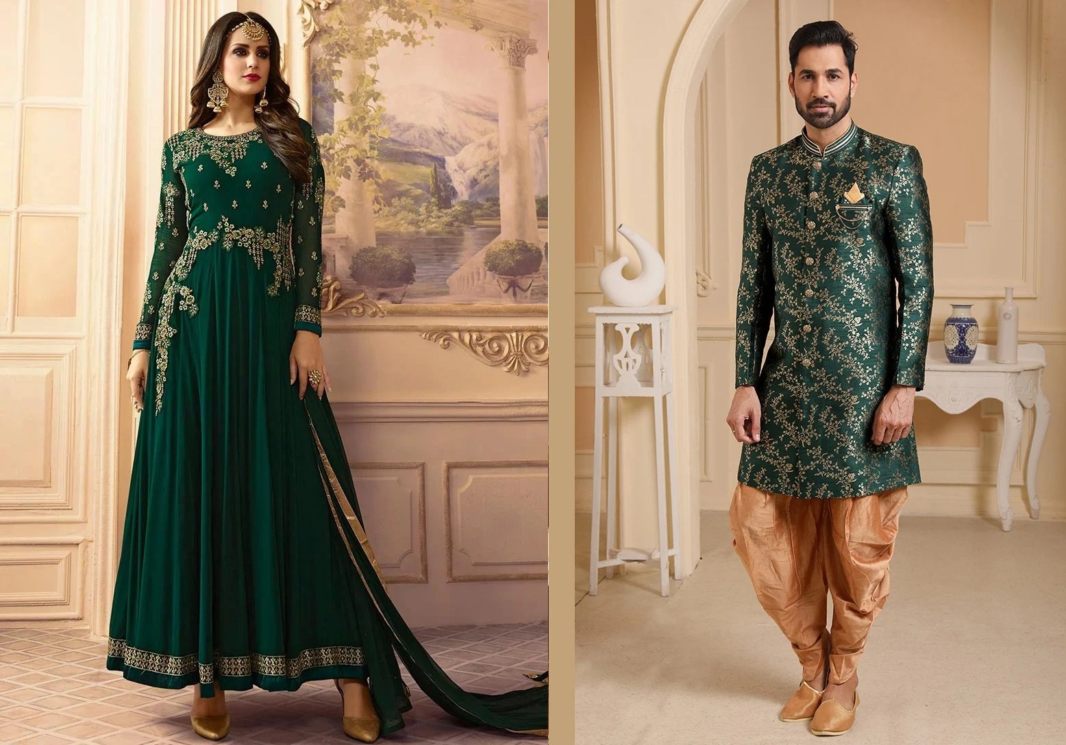 Green Jacquard Silk Brocade Indowestern Sherwani Party Wear