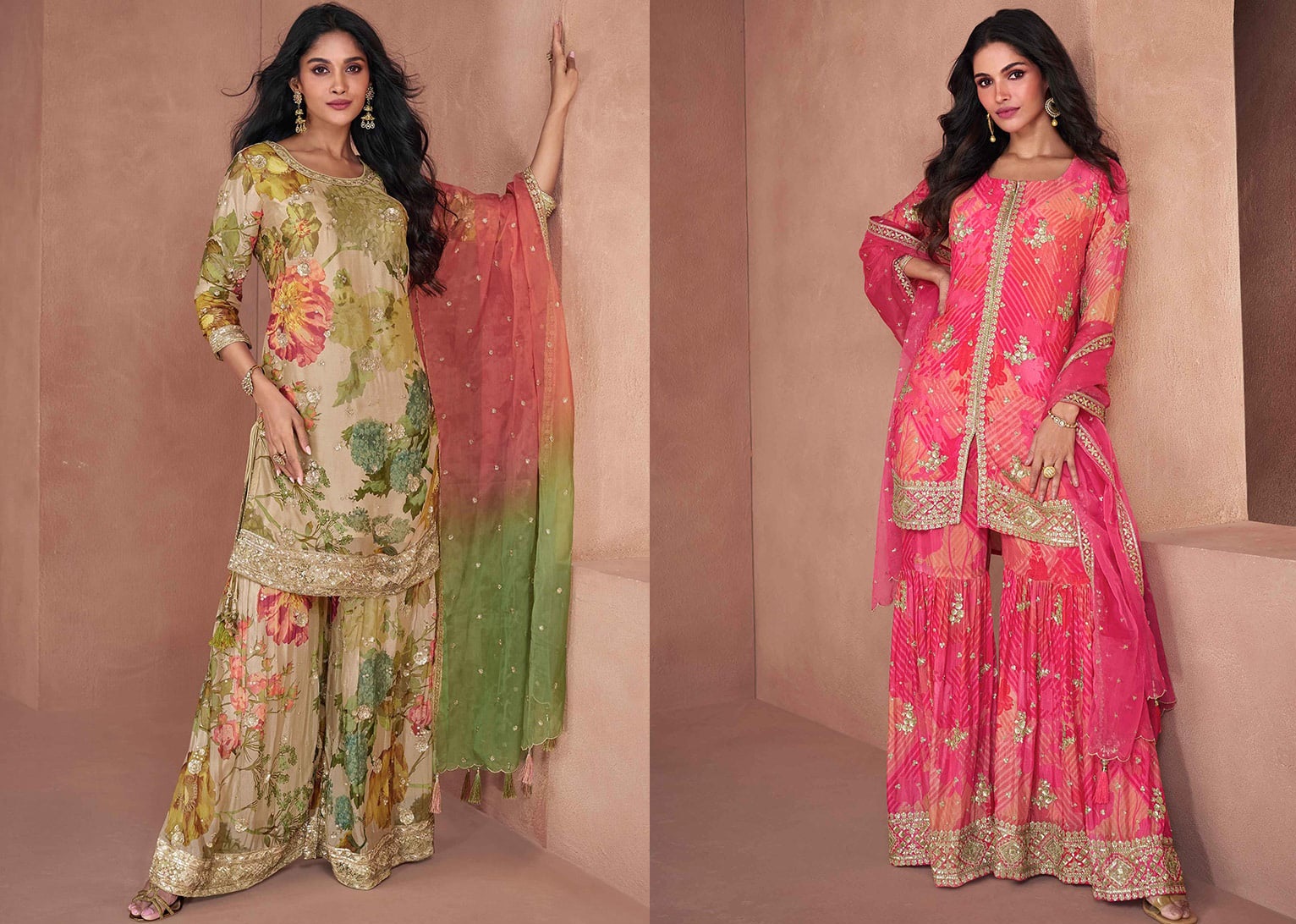 Beige Chinon Embroidered Sequins Palazzo suit Party Wear
