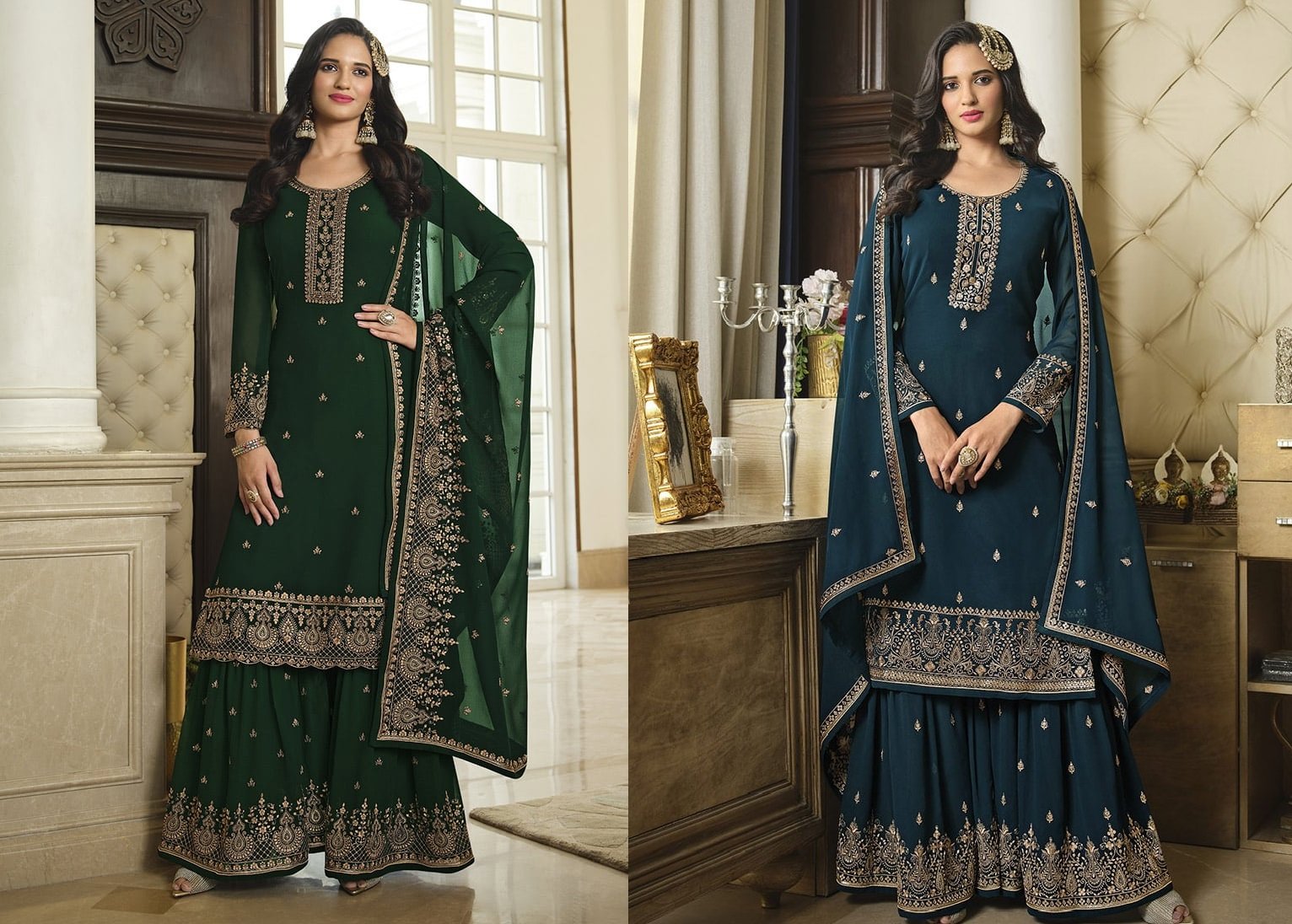 Embroidery Work Green Georgette Palazzo Suit Festive Wear