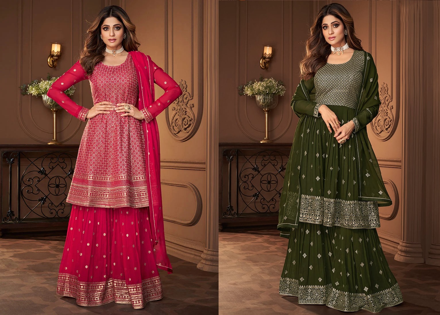 Shamita Shetty Mehndi Green Georgette Sharara Suit Festive Wear