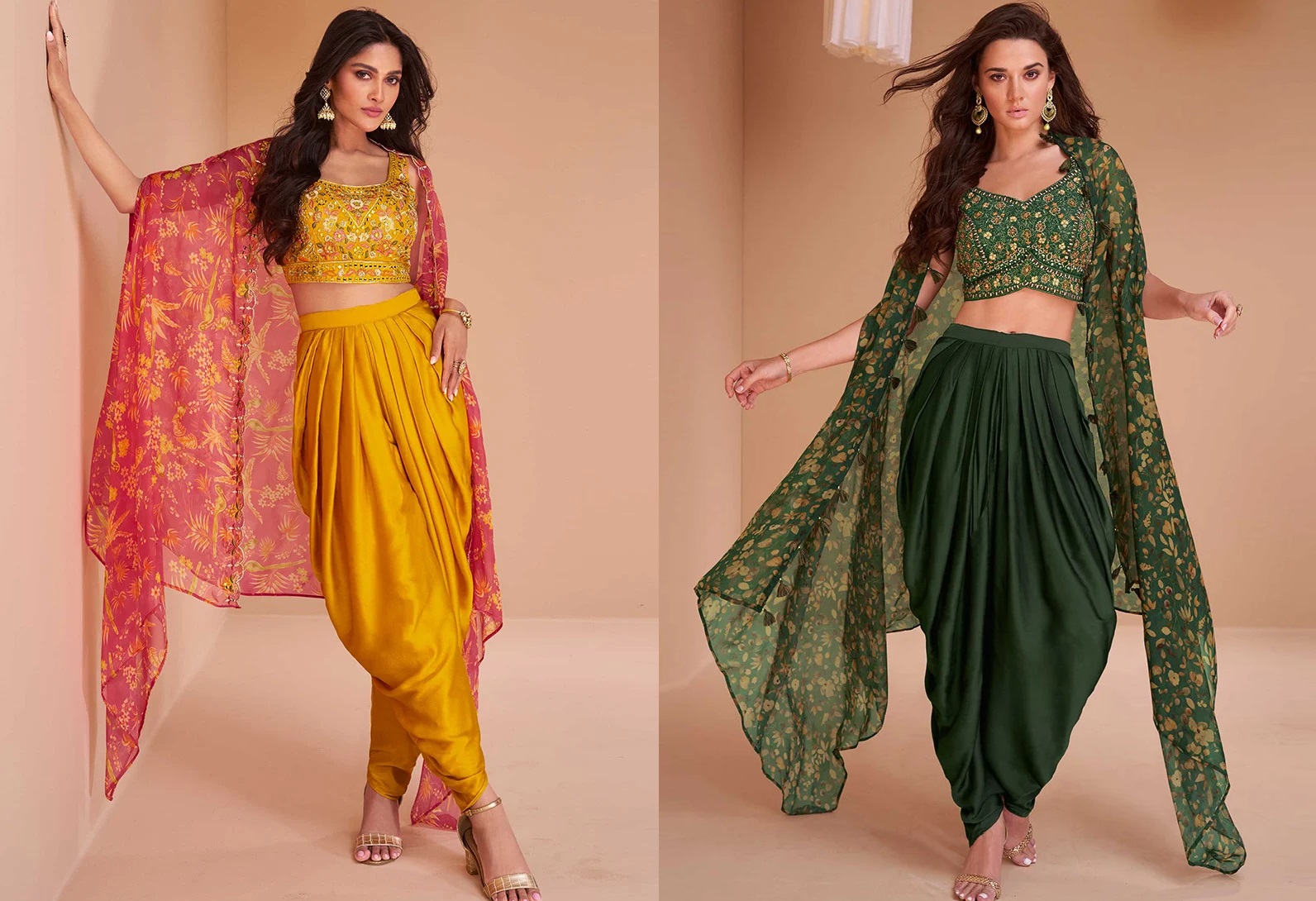 Green Satin Blend Embroidered Indowestern Sets and Suits Party Wear