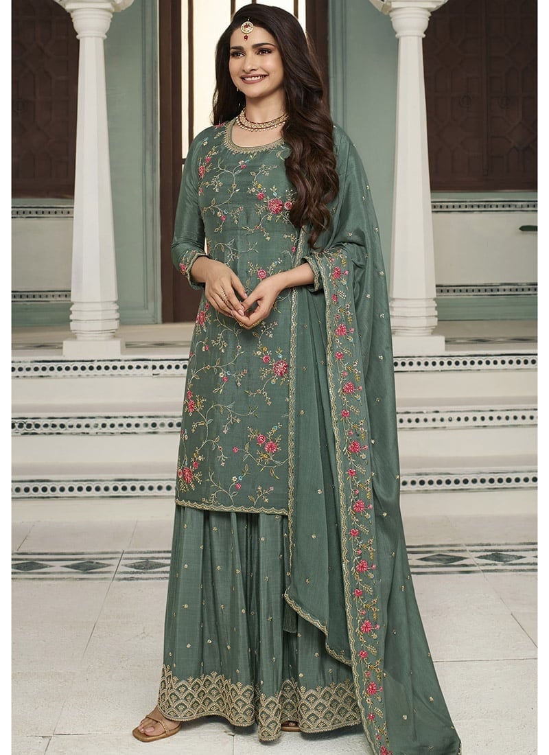 Prachi Desai Shines in Exquisite Sequins Embroidered Green Sharara Suit Party Wear