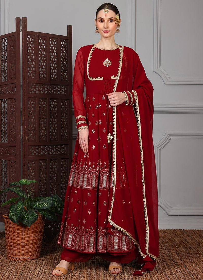 Maroon Georgette Embroidered Anarkali Suit Festive Wear