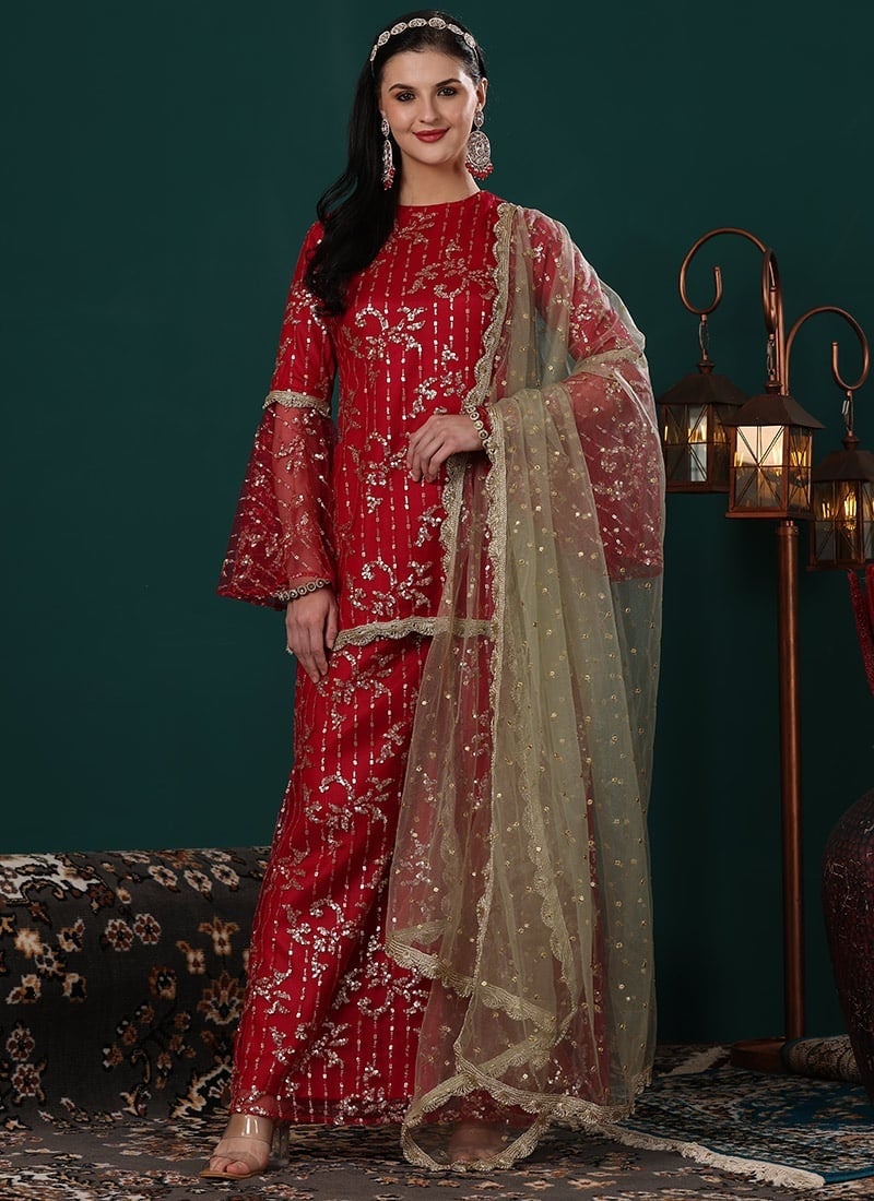 Red Net Embroidered Sharara Suit Festive Wear