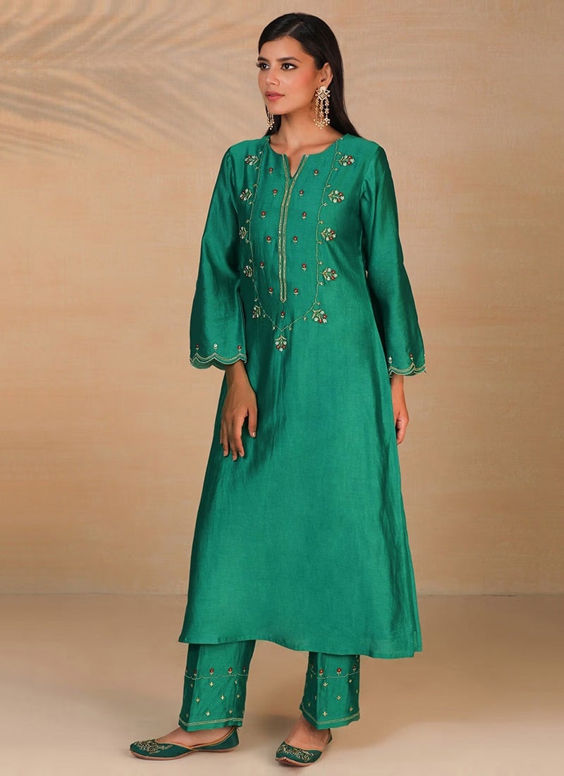 Rama Green Pure Chanderi Silk Embroidered Kurta Semi Palazzo Set Party Wear