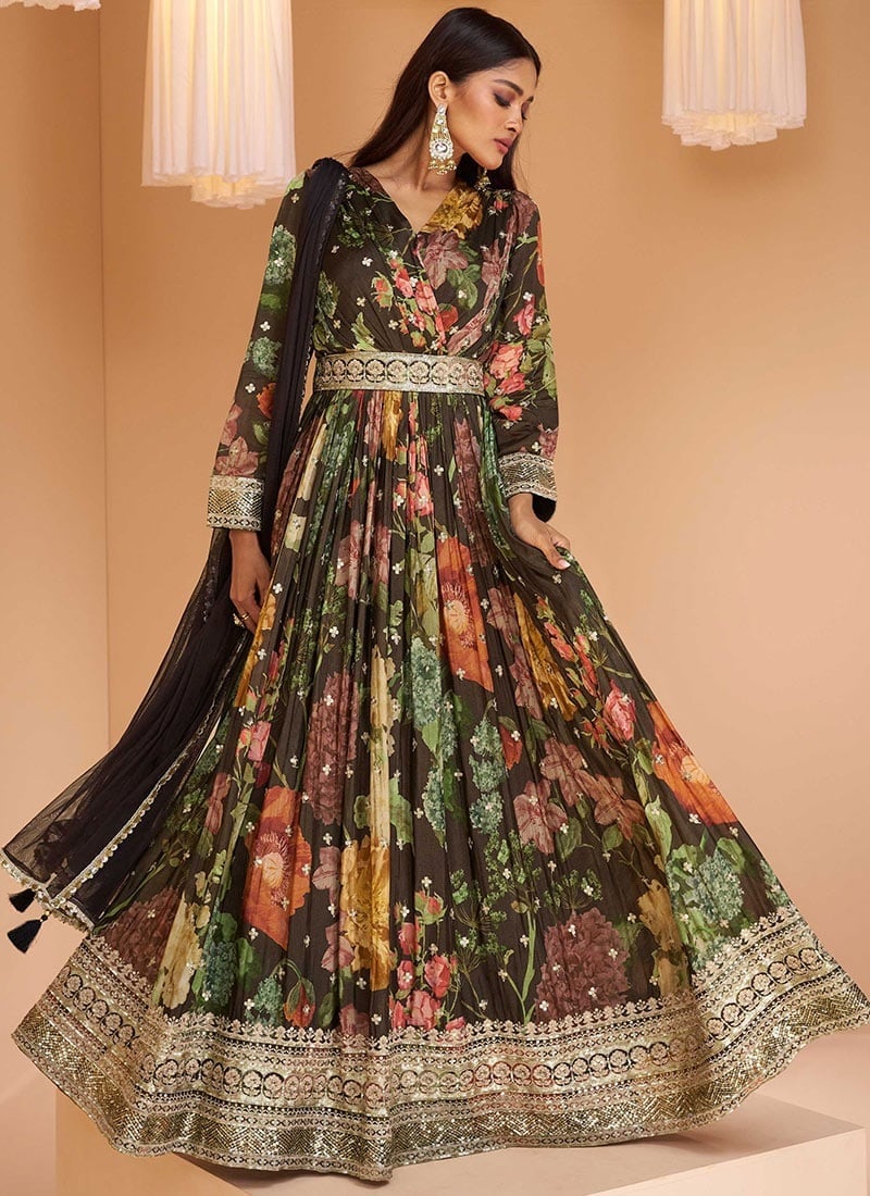 Brown Faux Georgette Embroidered Dresses And Gown Party Wear