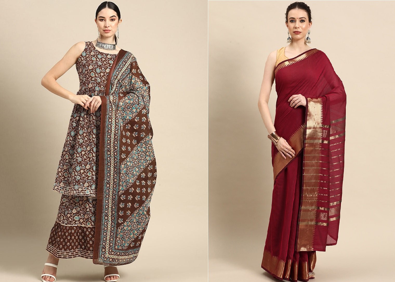 Elegantly Printed Cotton Brown Sharara Suit After Six Wear