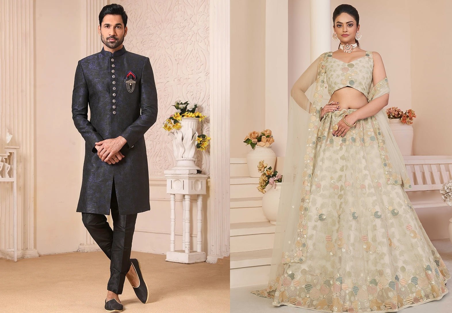 Radiantly Sequins Zari Thread Work Net Umbrella Lehenga Wedding Wear