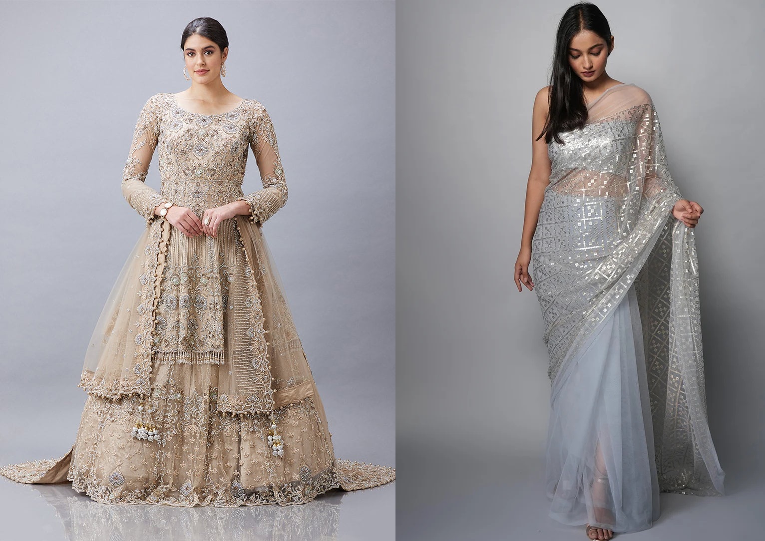 Silver Net Sequins Saree Party Wear