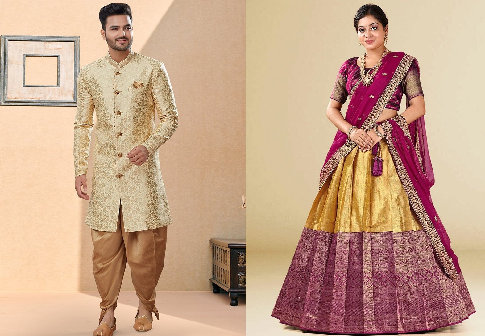 Cream N Gold Benarasi Jacquard Embroidered Classic Sherwani Festive Wear