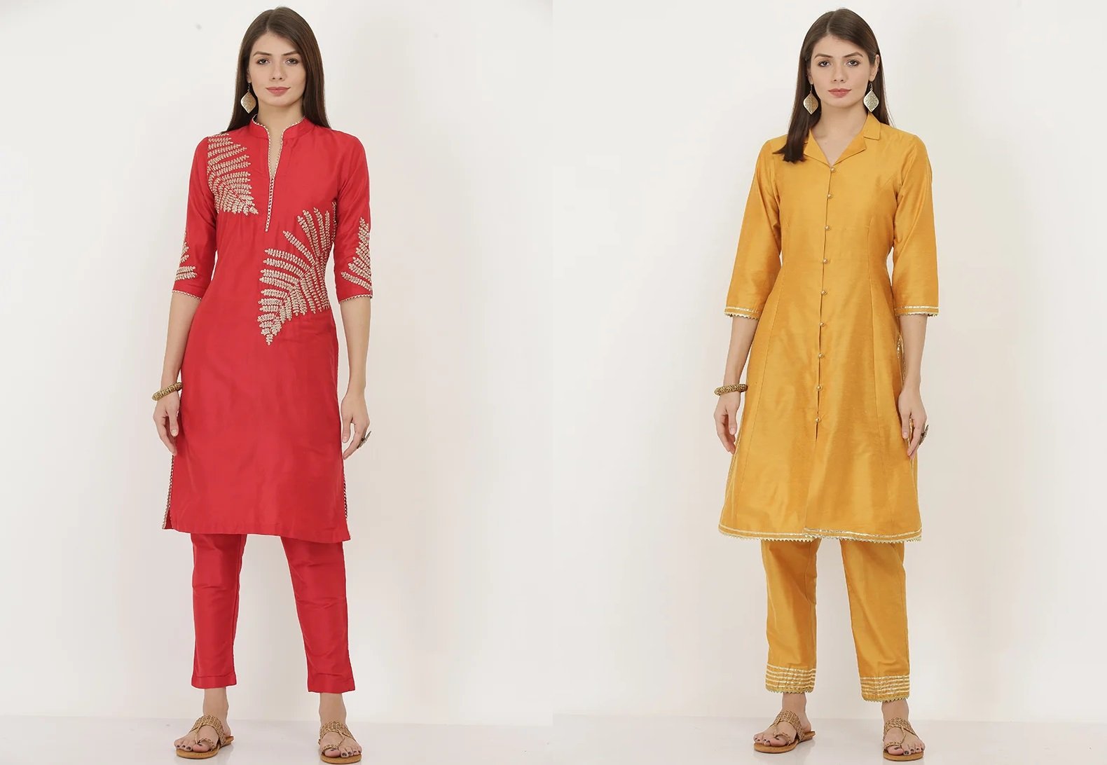 Golden Mustard Cotton Silk Gota Work Kurta Straight Pant Set After Six Wear
