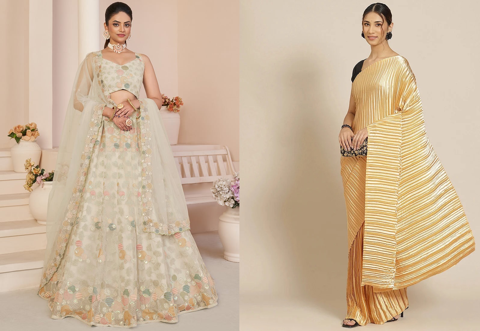 Gold Satin Silk Plain Saree Party Wear