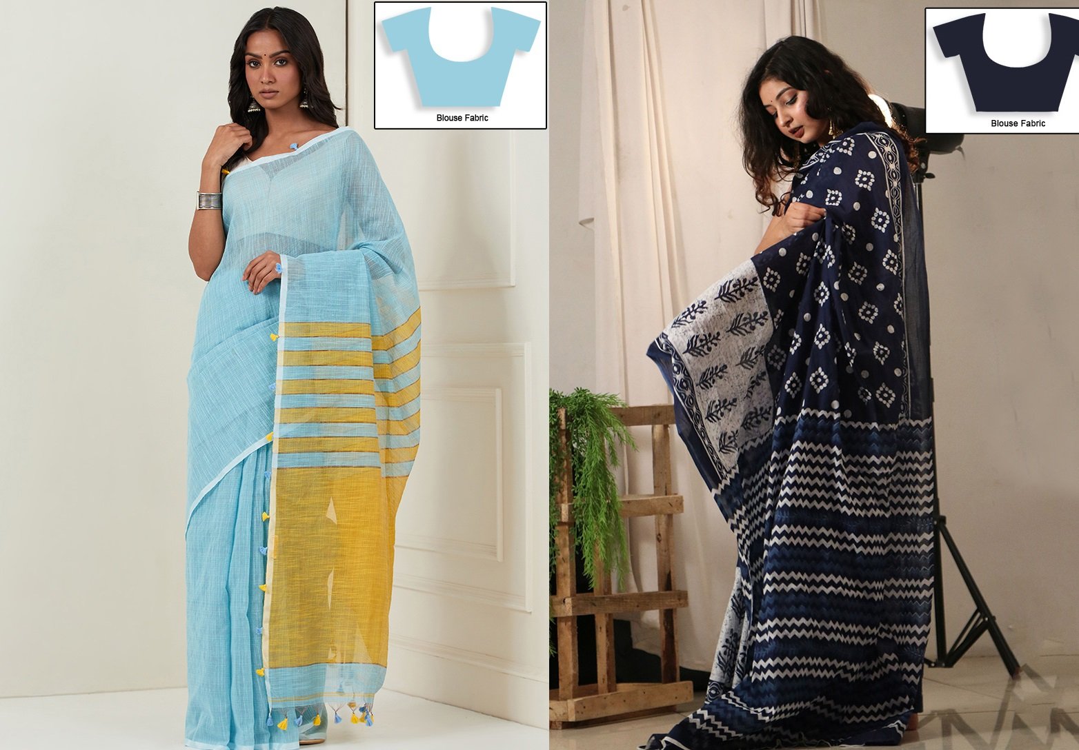 Indigo Blue Color Block Print Pure Cotton Saree Festive Wear