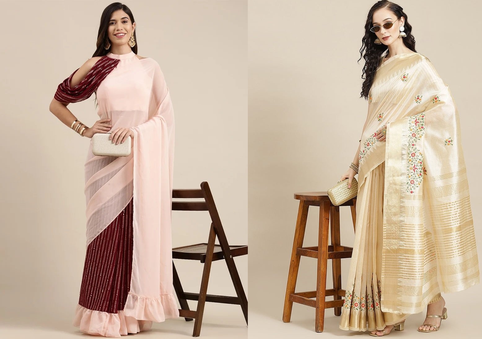 Maroon And Peach Embroidered Half N Half Saree Wedding Wear Festive Wear