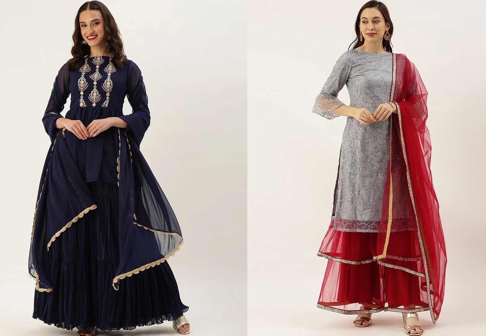 Grey Embroidered N Red Layered Gharara Suit Wedding Wear