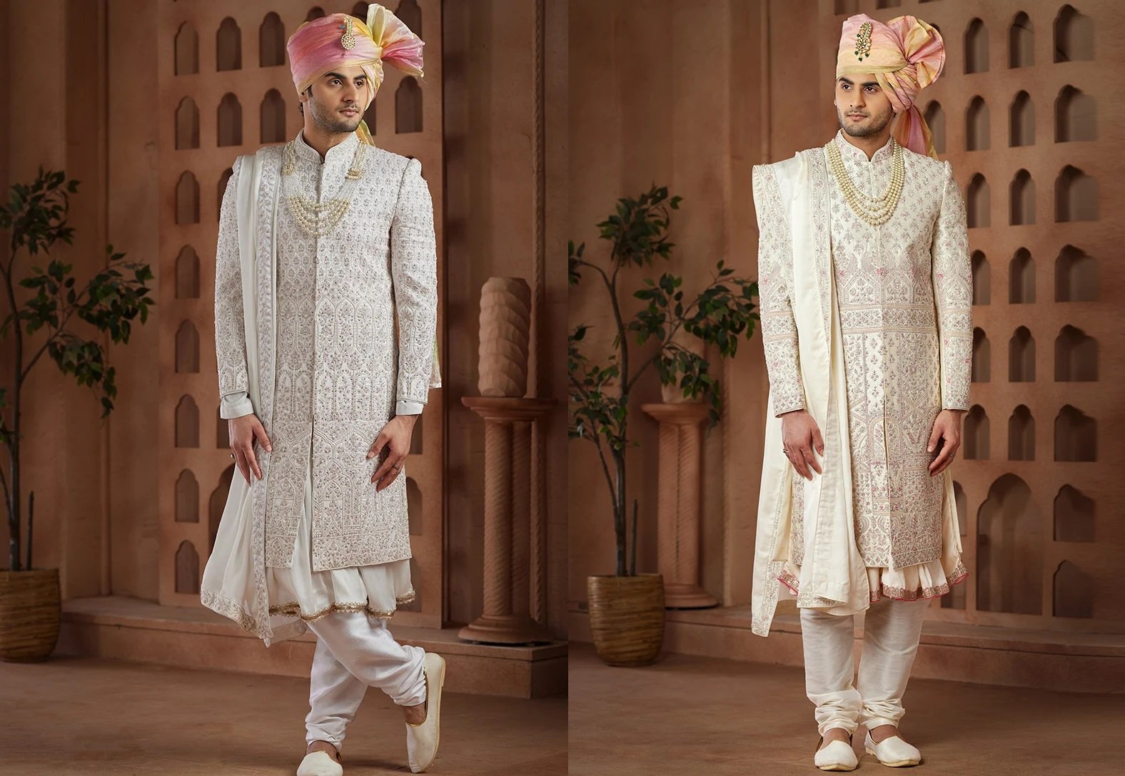 Cream Cut Dana Work Hand Embroidered Sequins Beads And Stone Embossed Silk Classic Sherwani Wedding Wear