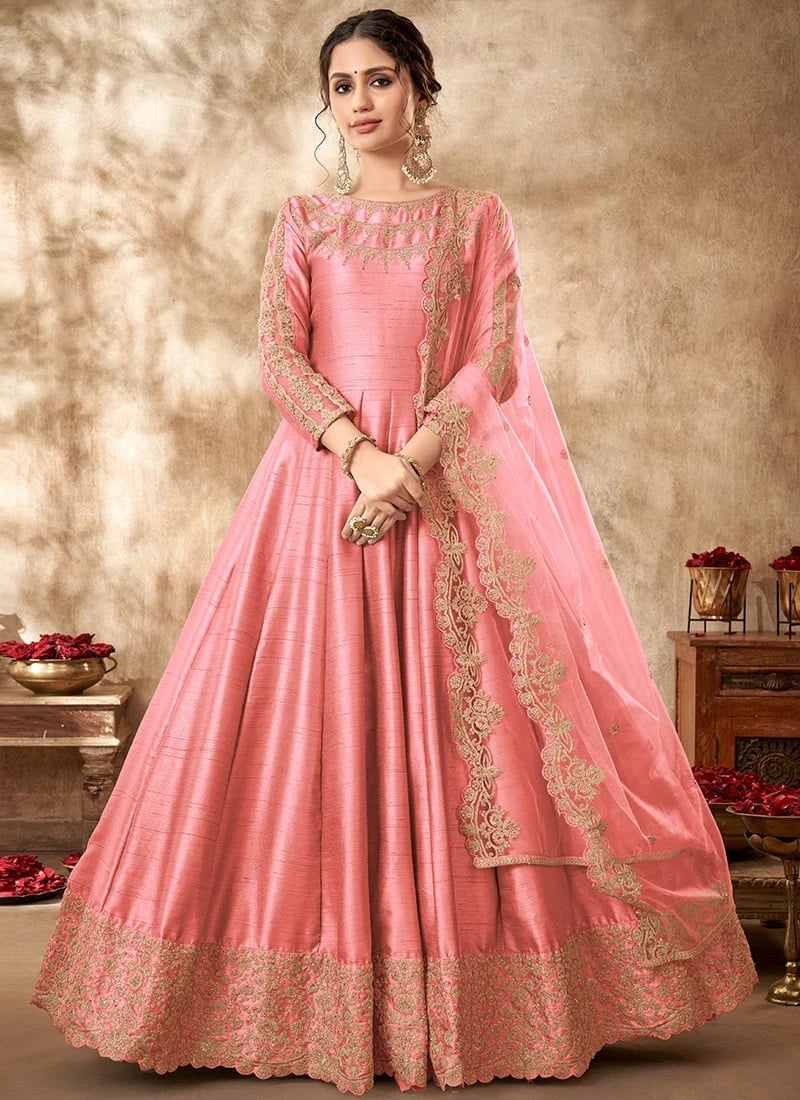 Pink Art Silk Embroidery Anarkali Suit Party Wear