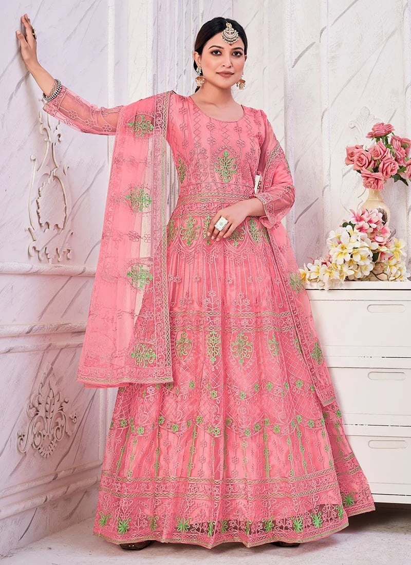 Pink Net Embroidered Anarkali Suit Party Wear