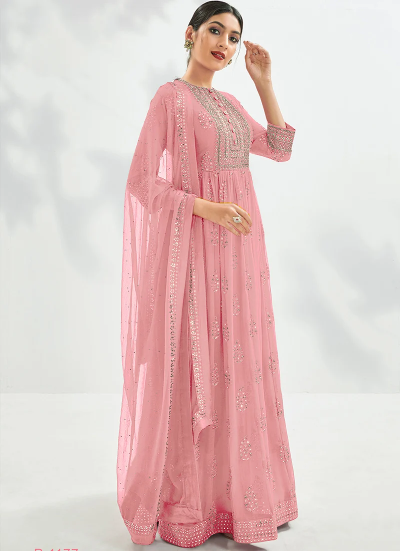 Pink Georgette Tikki Work Anarkali Suit Party Wear