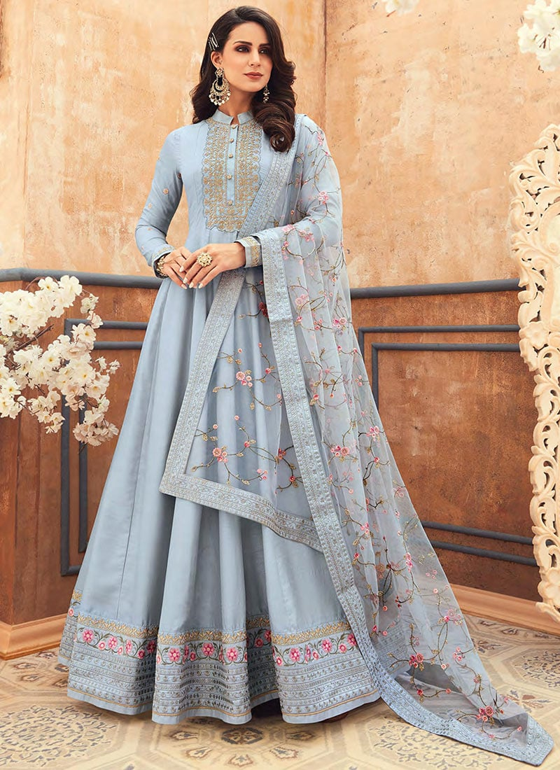 Pastel Blue Dola Silk Embroidered N Stones Anarkali Suit Party Wear