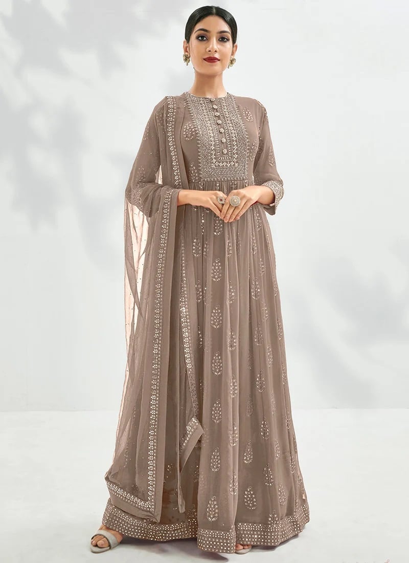 Brown Georgette Tikki Work Anarkali Suit Party Wear